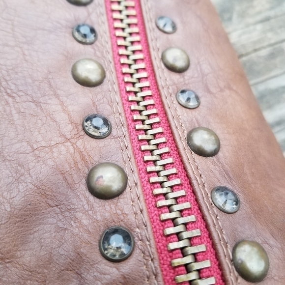 Y2k Not Rated Brown Faux Vegan Leather Exposed Zipper Stud Rhinestone Tall Boots - Picture 8 of 10